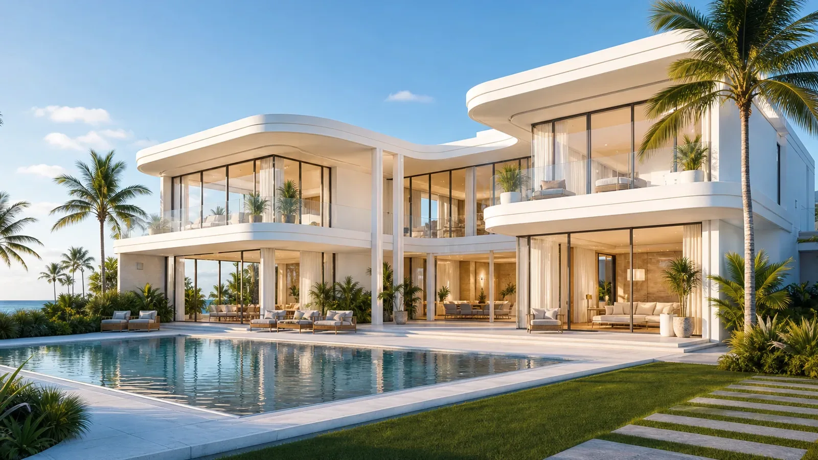 Premium beachfront villa with infinity pool and ocean frontage at golden hour, representing the mature South Bali property market