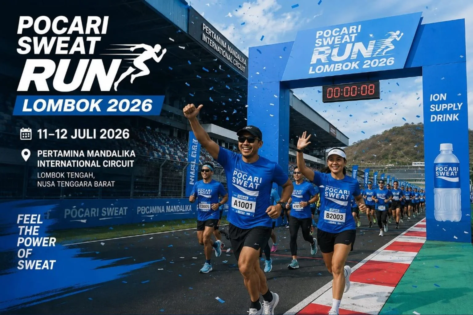 POCARI SWEAT Run Lombok 2026 at Pertamina Mandalika International Circuit with runners at the finish line, representing sport tourism and Mandalika investment momentum